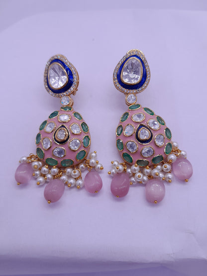Silver Moissanite Polki Enamel Earring, Moissanite Kundan Earring, Bridal Jewelry, Traditional Jewelry, Sterling Silver Earring Gift For Her