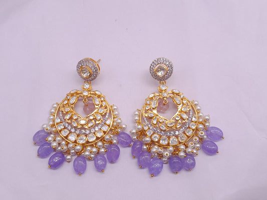 Silver Moissanite and Tanzanite Polki Earring, Moissanite Polki Earring, Wedding Jewelery, Indian Jewelery, Traditional Earring, Chandbali