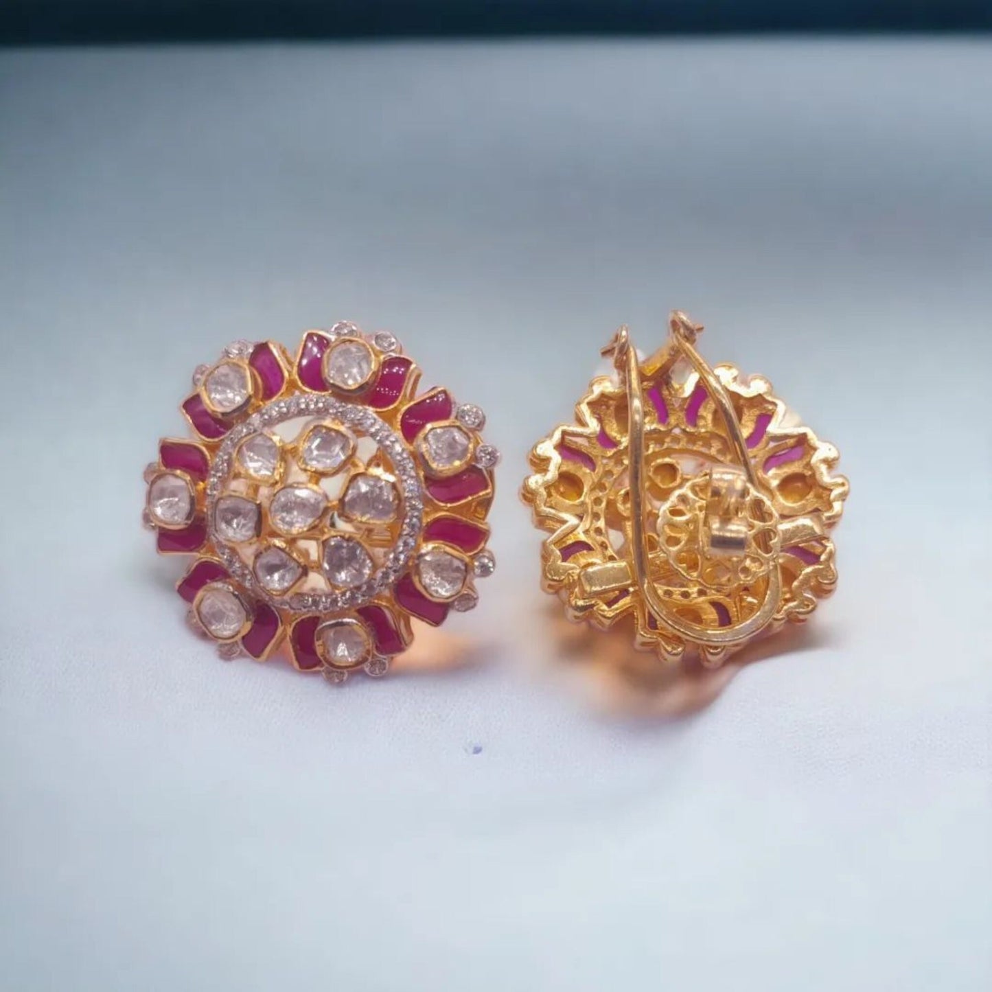Silver Polki Kundan Jewelry Ruby Stud Earrings 925 Sterling Silver Moissanite Polki Stud Earrings Gift For Her Indian Traditional  Jewelry