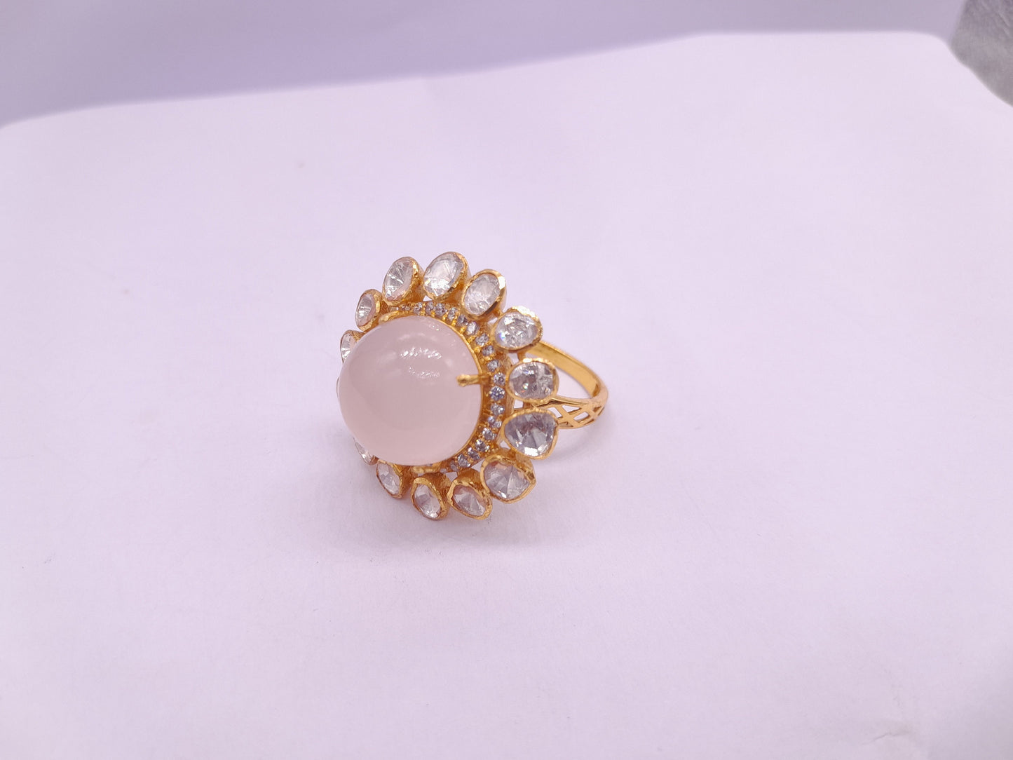 Silver Moissanite Polki Labmade Pink Opal Stone Ring, Indian Wedding Jewelery, Pink Opal Polki Ring, Statement Ring, Bridal Jewellery, Ring