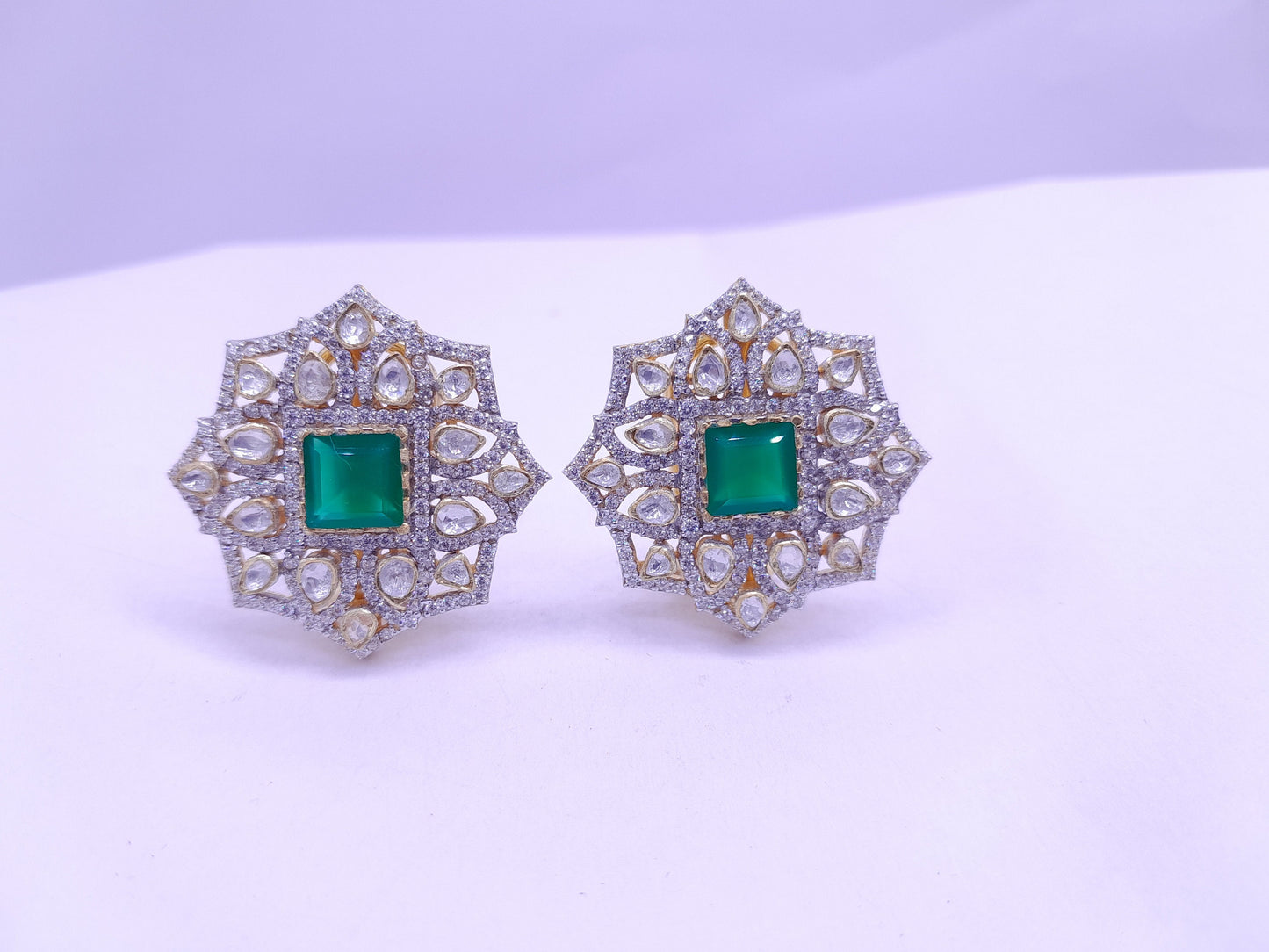 Silver Moissanite Polki With Labmade Emerald Stud Earring, Moissanite Polki Chandbali, Emerald Polki Earring, Wedding Jewellery,Earring Gift