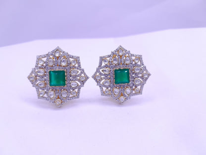 Silver Moissanite Polki With Labmade Emerald Stud Earring, Moissanite Polki Chandbali, Emerald Polki Earring, Wedding Jewellery,Earring Gift
