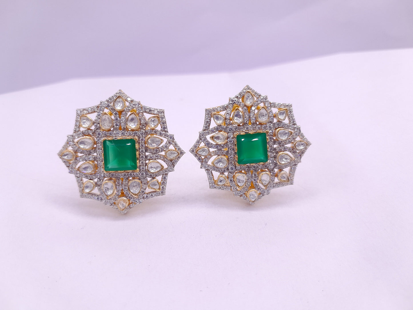 Silver Moissanite Polki With Labmade Emerald Stud Earring, Moissanite Polki Chandbali, Emerald Polki Earring, Wedding Jewellery,Earring Gift
