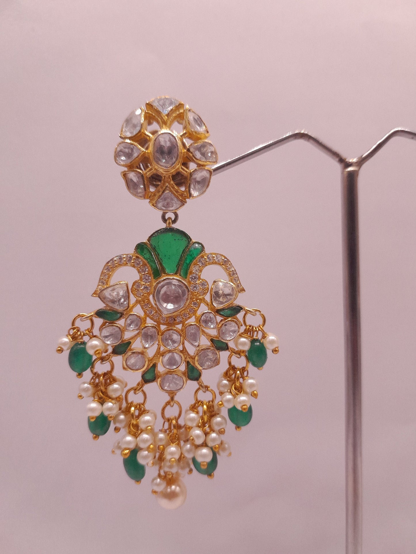 Silver Moissanite Polki With Labmade Emerald Earring, Indian Wedding Jewellery, Polki Chandbali, Indian Traditional Jewellery, Chandbali