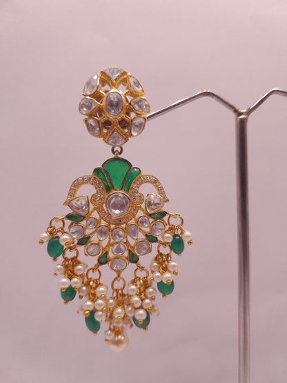 Silver Moissanite Polki With Labmade Emerald Earring, Indian Wedding Jewellery, Polki Chandbali, Indian Traditional Jewellery, Chandbali