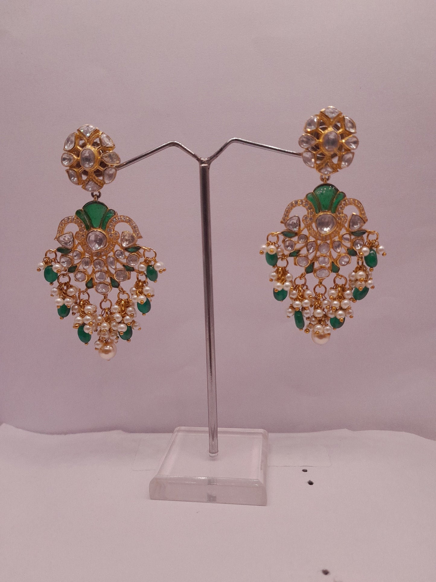 Silver Moissanite Polki With Labmade Emerald Earring, Indian Wedding Jewellery, Polki Chandbali, Indian Traditional Jewellery, Chandbali