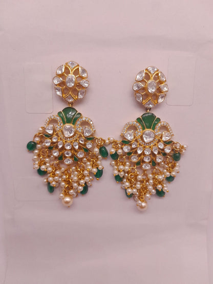 Silver Moissanite Polki With Labmade Emerald Earring, Indian Wedding Jewellery, Polki Chandbali, Indian Traditional Jewellery, Chandbali