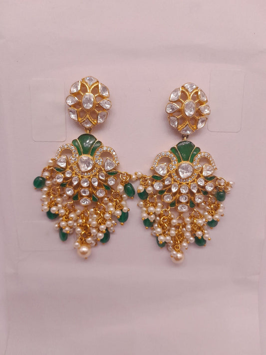 Silver Moissanite Polki With Labmade Emerald Earring, Indian Wedding Jewellery, Polki Chandbali, Indian Traditional Jewellery, Chandbali