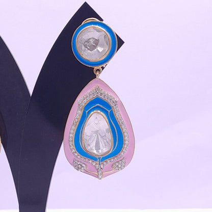 Silver Moissanite Long Polki Earring, Moissanite Kundan Earring, Enamel Polki Earring, Indian Wedding Jewelry, valentines Polki Earring Gift