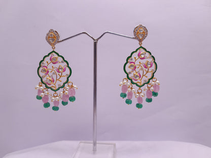 Silver Moissanite Polki Enamel Earring, Floral Kundan Chandbali, Bridal Jewelry, Traditional Jewelry, Sterling Silver Earring,Chandbali Gift