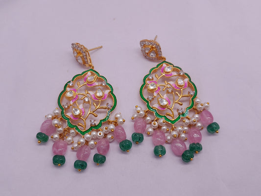 Silver Moissanite Polki Enamel Earring, Floral Kundan Chandbali, Bridal Jewelry, Traditional Jewelry, Sterling Silver Earring,Chandbali Gift