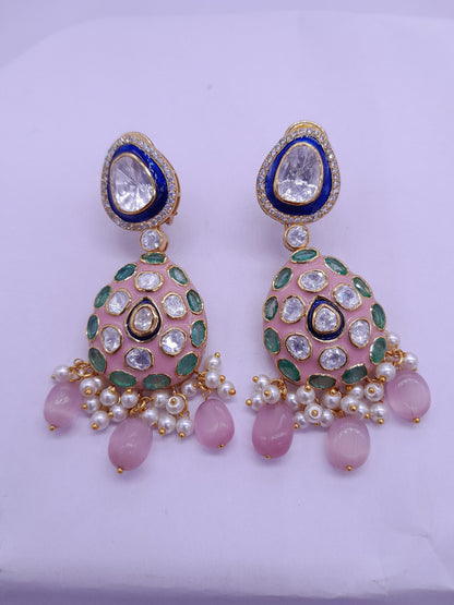 Silver Moissanite Polki Enamel Earring, Moissanite Kundan Earring, Bridal Jewelry, Traditional Jewelry, Sterling Silver Earring Gift For Her