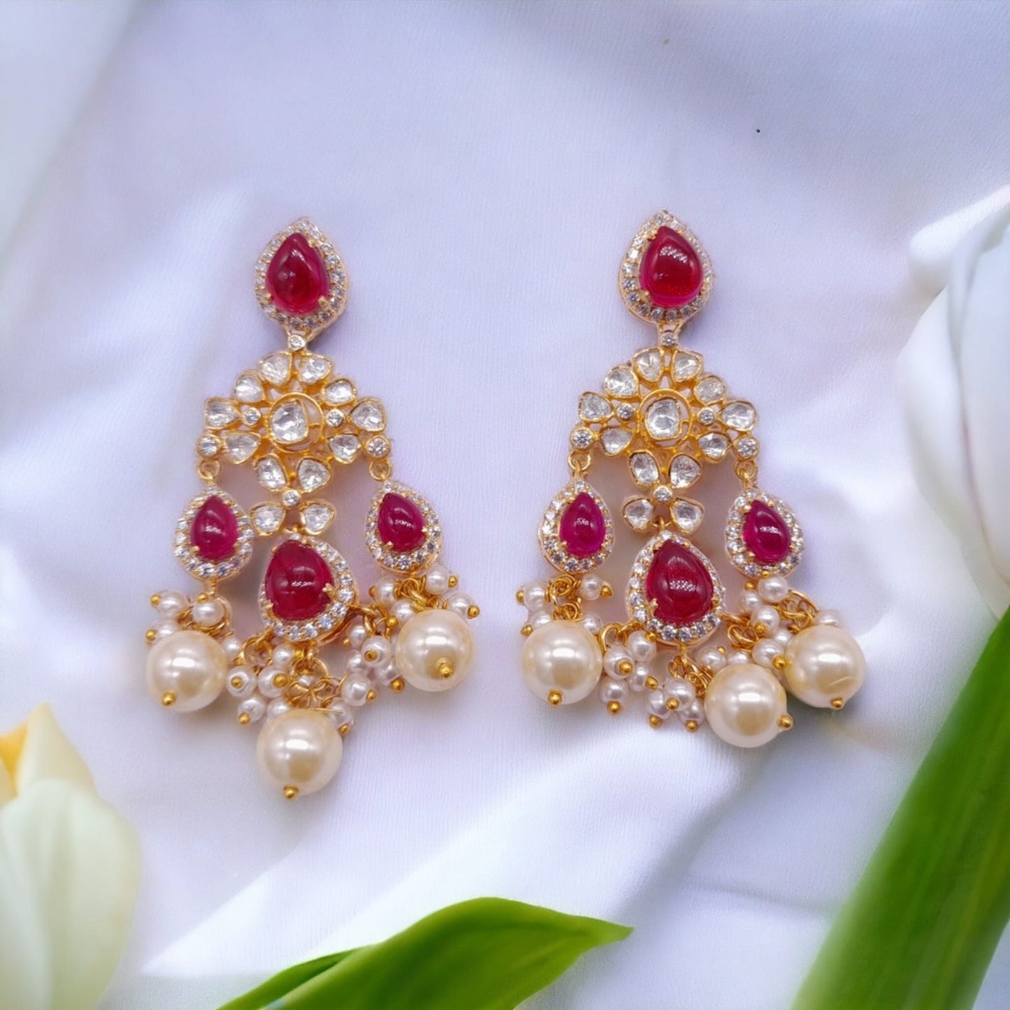 Silver Moissanite Polki Chandbali, Wedding Jewelery, Moissanite Polki Earring, Ruby Polki Earring, Ruby Earring,Wedding Jewellery, Chandbali