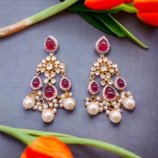 Silver Moissanite Polki Chandbali, Wedding Jewelery, Moissanite Polki Earring, Ruby Polki Earring, Ruby Earring,Wedding Jewellery, Chandbali