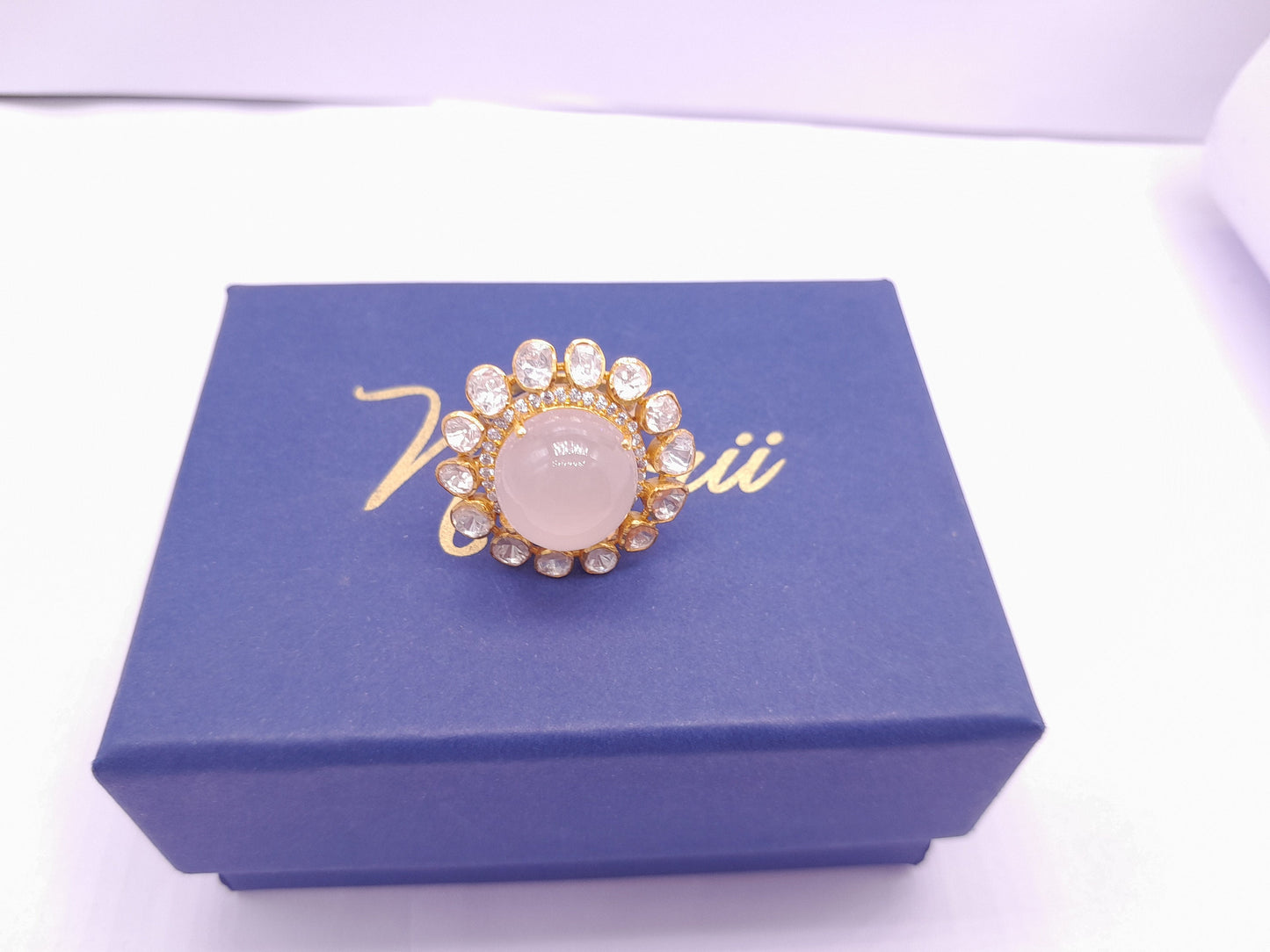 Silver Moissanite Polki Labmade Pink Opal Stone Ring, Indian Wedding Jewelery, Pink Opal Polki Ring, Statement Ring, Bridal Jewellery, Ring