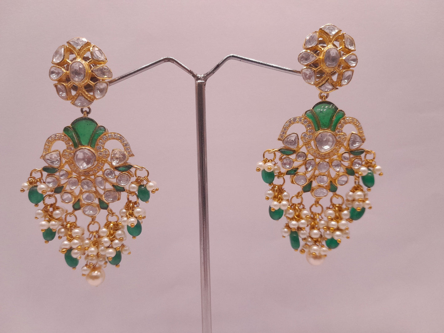 Silver Moissanite Polki With Labmade Emerald Earring, Indian Wedding Jewellery, Polki Chandbali, Indian Traditional Jewellery, Chandbali