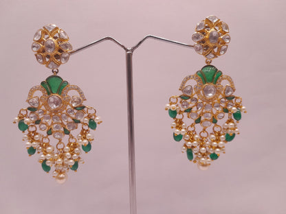 Silver Moissanite Polki With Labmade Emerald Earring, Indian Wedding Jewellery, Polki Chandbali, Indian Traditional Jewellery, Chandbali