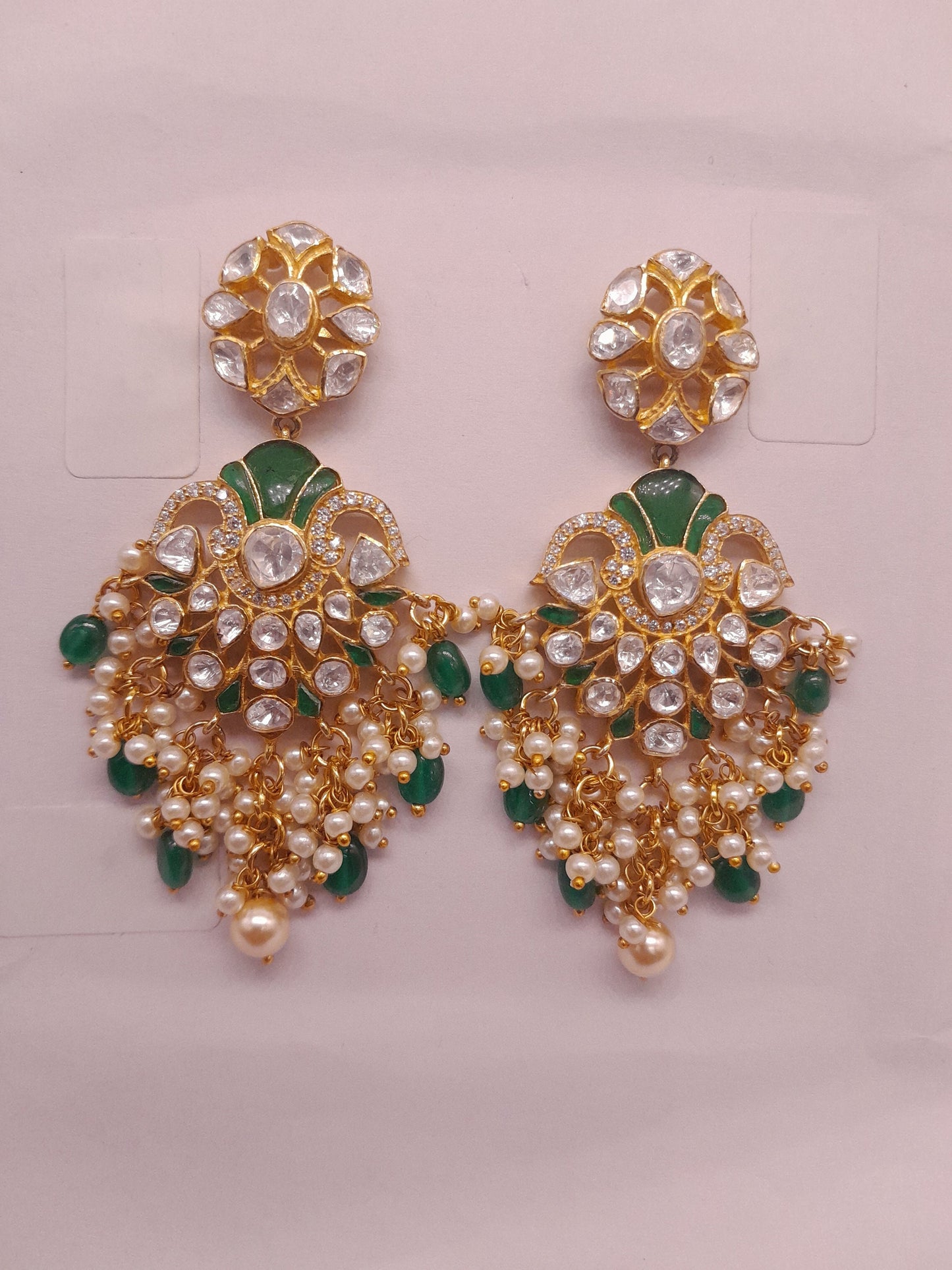 Silver Moissanite Polki With Labmade Emerald Earring, Indian Wedding Jewellery, Polki Chandbali, Indian Traditional Jewellery, Chandbali