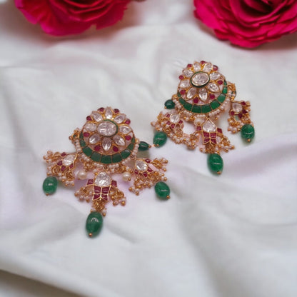Silver Moissanite Polki Chandbali Earring, Emerald Earring, Kundan Chandbali, Bridal Chandbali Earring, Traditional Jewellery, Chandbali
