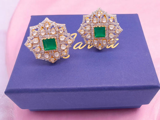 Silver Moissanite Polki With Labmade Emerald Stud Earring, Moissanite Polki Chandbali, Emerald Polki Earring, Wedding Jewellery,Earring Gift