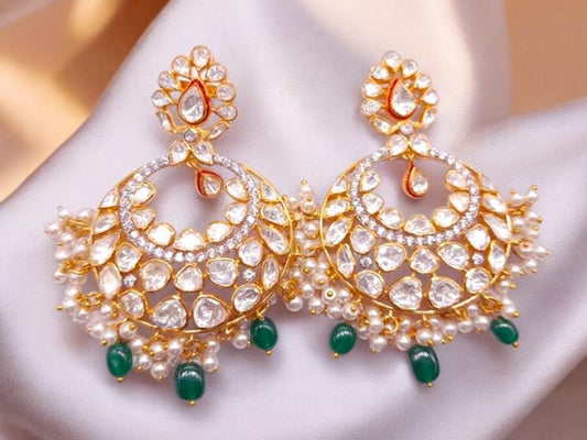 Silver Moissanite Polki Earring, Moissanite Kundan Earring, 925 Silver Earring, Bridal Jewelery, Traditional Jewelery, Statement Earring
