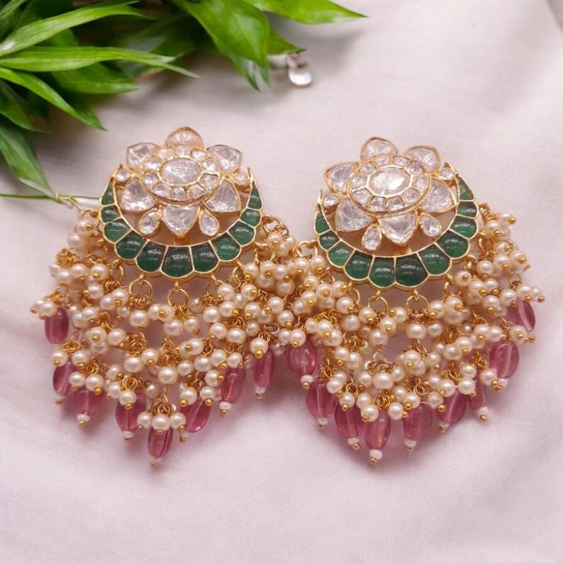 Silver Polki Chandbali, Emerald Earring, Kundan Chandbali, Bridal Jewelery, Traditional Jewelery, 925 Silver Earring, Chandbali, Mossianite