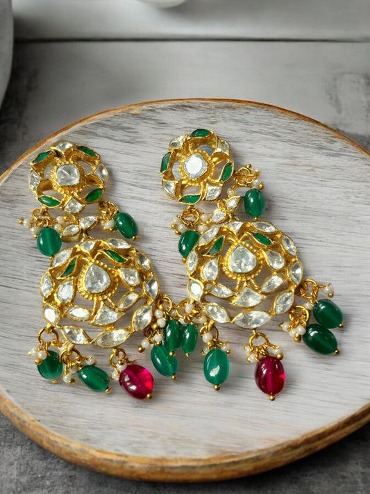 Silver Polki Chandbali, Labmade Emerald Earring, Kundan Chandbali, Bridal Jewelery, Traditional Jewelery, 925 Silver Earring, Chandbali Gift