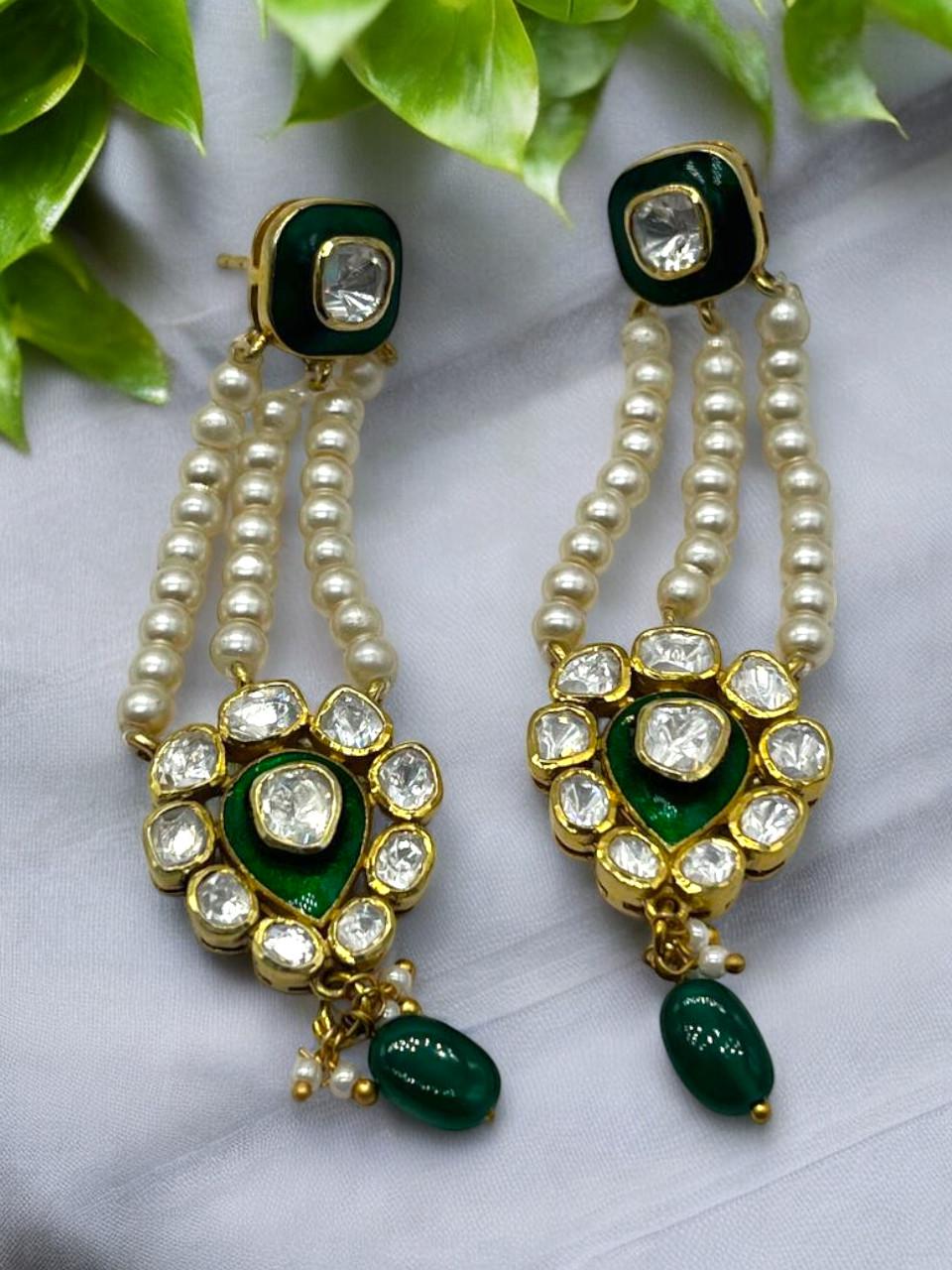 Silver Moissanite Polki Earring, Labmade Emerald Earring, Enamel Polki Earring, Kundan Chandbali  Earring, Traditional Jewellery, Chandbali