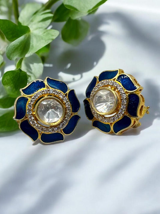 Moissanite Polki Blue Enamel Earring