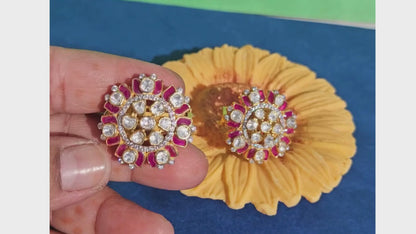 Silver Polki Kundan Jewelry Ruby Stud Earrings 925 Sterling Silver Moissanite Polki Stud Earrings Gift For Her Indian Traditional  Jewelry
